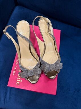 kate spade Glitter Bronze Open-Toe Slingback Heels with Bow